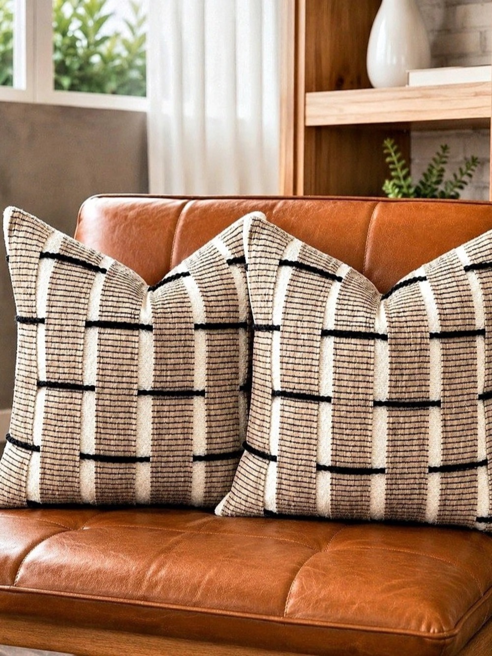 Set of 2 Geometric Brown & Cream Accent Pillow Covers 18” NEW